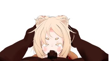 1boy 1girl absurdres animal_ears blonde_hair cum cum_in_mouth cumdrip dark_skin deepthroat fang fellatio flat_chest hetero highres interracial irrumatio kate_mura kitsuko_mura loli looking_at_viewer niples oral penis pov pov_crotch pov_hands short_hair tagme tail tiger_ears tiger_tail yellow_eyes