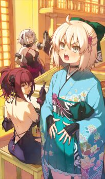 3girls ahoge aqua_hakama aqua_skirt armpits backless_dress backless_outfit bare_back black_bow black_choker black_flower black_gloves black_sash blonde_hair blue_kimono blush book bored bow breasts choker cleavage commentary criss-cross_halter cross-laced_clothes cross-laced_dress dress elbow_gloves fate/grand_order fate_(series) floral_print floral_print_kimono flower front_slit fur-trimmed_gloves fur_collar fur_trim fur_wrist_cuffs gloves grand_piano hair_between_eyes hair_bow hair_flower hair_intakes hair_ornament hakama hakama_short_skirt hakama_skirt half_updo halter_dress halterneck hand_on_own_stomach holding holding_book instrument japanese_clothes jeanne_d&#039;arc_alter_(blossoming_under_the_crimson_sky)_(fate) jeanne_d&#039;arc_alter_(fate) kimono large_breasts long_hair long_sleeves median_furrow medium_hair multiple_girls music obi obijime official_art okita_souji_(blossoming_under_the_crimson_sky)_(fate) okita_souji_(fate) okita_souji_(koha-ace) open_book open_mouth piano piano_bench playing_instrument playing_piano pointing pointing_up ponytail print_kimono purple_dress purple_gloves red_eyes red_hair sash scathach_(blossoming_under_the_crimson_sky)_(fate) scathach_(fate) short_kimono sideboob sidelocks singing sitting skirt sleeveless sleeveless_dress small_breasts standing strapless strapless_dress tamori_tadaji teeth third-party_source upper_teeth_only v-shaped_eyebrows very_long_hair white_hair wide_sleeves wrist_cuffs yellow_background yellow_eyes