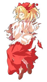 1girl alphes_(style) back blonde_hair bow commentary_request dairi defeat frills from_behind full_body hair_bow hair_ornament instrument large_variant_set long_skirt long_sleeves parody red_bow red_skirt sandals satsuki_rin shirt skirt socks solo style_parody tachi-e torn_clothes torn_shirt torn_skirt touhou transparent_background variant_set white_shirt white_socks wide_sleeves