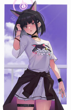 1girl absurdres animal_ears animal_print arm_at_side backlighting black_choker black_hair blue_archive blue_sky blunt_bangs blunt_ends blurry blurry_background blush bob_cut border bracelet cat_ears cat_girl cat_print chinese_commentary choker clothes_around_waist colored_inner_animal_ears commentary_request cowboy_shot day earclip earrings extra_ears eyelashes film_grain hair_ornament hairclip halo hand_up highres jewelry kazusa_(band)_(blue_archive) kazusa_(blue_archive) looking_at_viewer mask miniskirt mouth_mask multiple_bracelets multiple_rings official_alternate_costume open_mouth outdoors outside_border pink_halo pleated_skirt print_shirt red_eyes ring sercet shirt short_hair short_sleeves skirt sky solo squiggle straight_hair stud_earrings sunlight sweatdrop t-shirt thigh_strap white_border white_shirt white_skirt