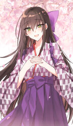 Rule 34 | 1girl, :d, blush, bow, branch, brown hair, collarbone, commentary request, commission, flower, green eyes, hair between eyes, hair bow, hakama, hakama skirt, highres, interlocked fingers, japanese clothes, kimono, kinona, long hair, looking at viewer, open mouth, original, own hands together, petals, print kimono, purple bow, purple hakama, skeb commission, skirt, smile, solo, very long hair, white flower, yagasuri