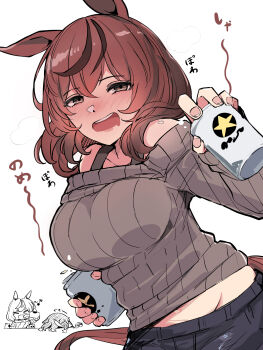 2girls animal_ears beer_can blush bow breasts brown_eyes brown_hair brown_sweater can character_request drink drink_can drunk groin hair_between_eyes highres holding holding_can holding_drink horse_ears horse_girl horse_tail kawamochi_(kawauti919) long_sleeves looking_at_viewer medium_breasts medium_hair multicolored_hair multiple_girls navel nice_nature_(umamusume) nose_blush off-shoulder_sweater off_shoulder open_mouth ribbed_sweater sapporo_beer shirt simple_background smile streaked_hair sweater tail translation_request umamusume white_background