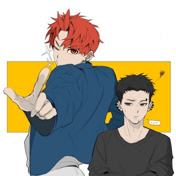 Rule 34 | ..., 2boys, black hair, black shirt, character request, closed mouth, commentary request, dandadan, ear piercing, earrings, enjoji jin, etsw, eyebrow piercing, face piercing, jewelry, looking at viewer, male focus, multiple boys, multiple piercings, piercing, pointing, pointing at viewer, red hair, shirt, short hair, spoken ellipsis, squiggle, upper body