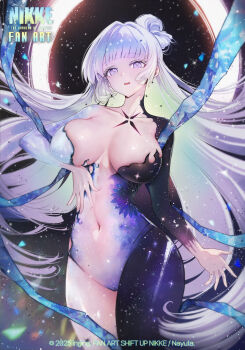 1girl absurdres black_hole bodysuit colored_eyelashes covered_navel glowing glowing_eyes goddess_of_victory:_nikke highres inging823 multicolored_bodysuit nayuta_(nikke) nayuta_(wu_wei)_(nikke) official_alternate_costume sky solo space_skin star_(sky) starry_sky thick_eyelashes two-tone_bodysuit unusually_open_eyes white_eyelashes white_hair