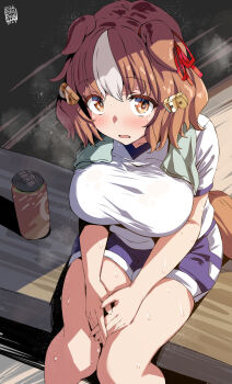 1girl 2026 animal_ears artist_name belko belno_light_(umamusume) blue_shorts blush bow breasts brown_eyes brown_hair dated ear_ribbon energy_drink female_focus hair_ornament highres horse_ears horse_girl horse_tail large_breasts looking_at_viewer matching_hair/eyes open_mouth red_bow red_ribbon ribbon shirt short_hair shorts sitting solo tail thighs tongue twitter_username umamusume umamusume:_cinderella_gray white_hair white_shirt zone_energy