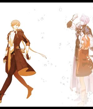 Rule 34 | 1girl, 2boys, antenna hair, arm up, armor, arms behind back, artist name, black boots, black border, boots, border, brown coat, brown gloves, brown pants, bubble, caelus (honkai: star rail), chain, clenched hand, closed eyes, closed mouth, coat, collarbone, crystal hair ornament, cyrene (honkai: star rail), cyrene (philia093) (honkai: star rail), dress, fingerless gloves, from side, full body, gladiator sandals, gloves, gold chain, gold sandals, grey hair, grey pants, hair between eyes, hair ornament, hair ribbon, highres, honkai: star rail, honkai (series), hood, hooded coat, jacket, lapels, long sleeves, multiple boys, off-shoulder jacket, off shoulder, open clothes, open coat, open jacket, orange coat, orange dress, pale skin, pants, phainon (honkai: star rail), pink hair, pocket watch, purple jacket, ribbon, sakae 0 0, sandals, shirt, short hair, shoulder armor, sidelocks, simple background, smile, standing, sun symbol, t-shirt, teeth, thigh strap, trailblazer (honkai: star rail), two-sided coat, two-sided fabric, two-sided jacket, walking, watch, white background, white jacket, white ribbon, white shirt