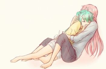 Rule 34 | 2girls, ahoge, barefoot, cyimf99, denim, faceless, faceless female, green hair, grey shirt, hatsune miku, hug, jeans, long hair, lying on person, megurine luka, multiple girls, pants, pink hair, shirt, sleeping, twintails, vocaloid, yellow shirt, yuri
