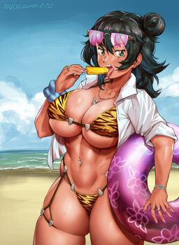 1girl beach black_hair blue_eyes blue_scrunchie blue_sky blush bracelet breasts character_request cloud collarbone collared_shirt commission copyright_request cowboy_shot fingernails food hair_between_eyes hair_bun highres holding holding_floatie holding_food holding_popsicle jewelry keigi large_breasts legs licking light_blush long_fingernails long_sleeves medium_hair multiple_rings navel necklace nose open_mouth outdoors pink_nails plump popsicle ring saliva sand scrunchie shirt skindentation sky sleeves_rolled_up stomach sunglasses tan thighs tongue tongue_out white_shirt