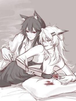 2girls alcohol animal_ear_fluff animal_ears arknights bite_mark bite_mark_on_breast bite_mark_on_shoulder book breasts cleavage closed_mouth commentary cup double-parted_bangs dress drinking_glass fingernails greyscale grin hickey highres holding holding_book holding_cup lappland_(arknights) large_breasts long_hair lying monochrome multiple_girls on_pillow on_side onemore open_book sharp_teeth sketch sleeveless sleeveless_dress smile spaghetti_strap spill spot_color strap_slip symbol-only_commentary teeth texas_(arknights) wine wine_glass yuri