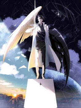 1boy 1other black_hair black_shirt black_wings cityscape coat collared_shirt constellation earth_(planet) eyesoffyou0003 feathered_wings flying_paper full_body grid highres kim_dokja light_rays looking_at_another male_focus meteor_shower omniscient_reader&#039;s_viewpoint open_clothes open_coat paper pedestal planet popped_collar secretive_plotter shirt short_hair smile sparkle split_screen standing sun two-tone_wings white_coat white_wings wings yoo_joonghyuk