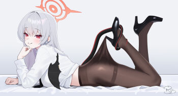 1girl absurdres arched_back black_pantyhose black_tail black_wings blue_archive braid demon_tail demon_wings fake_wings feet_up from_side full_body halo haruna_(blue_archive) high_heels highres hooked_on_heel lace_pantyhose_hooked_on_heel_(meme) long_hair looking_at_viewer lying meme no_pants on_stomach pantyhose red_halo royalbunny003 shirt side_braid single_wing smile solo tail white_hair white_shirt wings