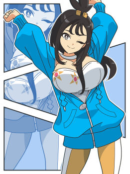 1girl black_hair blue_hoodie breasts closed_mouth earclip grey_eyes hair_ornament highres hood hoodie jacket kanbei_(pixiv11037490) large_breasts leggings lida_(pokemon) long_hair long_sleeves looking_at_viewer nintendo one_eye_closed pokemon pokemon_legends:_z-a shirt smile solo