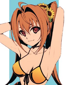 1girl :3 ahoge armpits bare_arms bikini black_ribbon black_trim blue_background border breasts brown_hair cleavage collarbone eiyuu_densetsu estelle_bright eyebrows_hidden_by_hair flower front-tie_bikini_top front-tie_top hair_between_eyes hair_flower hair_intakes hair_ornament halterneck long_hair looking_at_viewer medium_hair moshimoshibe orange_bikini outside_border pillarboxed red_eyes ribbon sideboob simple_background smile solo sora_no_kiseki sunflower swimsuit twintails upper_body very_long_hair white_border yellow_flower