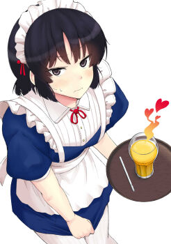 Rule 34 | 1girl, apron, black eyes, black hair, blue dress, blush, closed mouth, cover image, cup, dress, dress tug, drink, drinking straw, from above, hashtag-only commentary, heart, highres, holding, holding tray, kujou meika, looking at viewer, maid, maid apron, maid headdress, meika-san wa oshikorosenai, neck ribbon, puffy short sleeves, puffy sleeves, red ribbon, ribbon, saitou shouki, short hair, short sleeves, simple background, solo, sweat, thighhighs, tray, waist apron, white apron, white background, white thighhighs