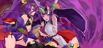 2girls alcohol blazblue blazblue:_central_fiction bob_cut breasts cosplay costume_switch crossover eyeshadow fate/grand_order fate_(series) hades_izanami hades_izanami_(cosplay) hair_ornament highres horns japanese_clothes kimono lonerurouni187 long_hair makeup miko multiple_girls oni outline ponytail purple_hair red_eyeshadow sake shuten_douji_(fate) shuten_douji_(fate)_(cosplay) small_breasts thighs trait_connection