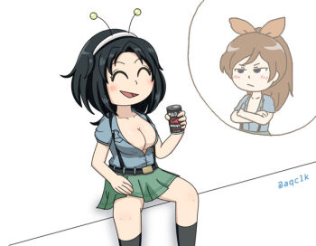 Rule 34 | 2girls, alternate costume, antennae, aoshidan school uniform, aqclk, areola slip, belt, belt buckle, black belt, black hair, black socks, blue shirt, blush, bow, breasts, brown hair, buckle, can, closed eyes, crossed arms, energy drink, fake antennae, female focus, girls und panzer, girls und panzer phase erika, green skirt, hair bow, hairband, holding, holding can, large breasts, lili (girls und panzer), long hair, miniskirt, multiple girls, open mouth, orange bow, ponytail, school uniform, shirt, short hair, signature, skirt, small breasts, smile, socks, suspender skirt, suspenders, touko (girls und panzer), white hairband