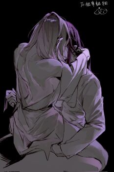 Rule 34 | 2girls, back, black background, cowboy shot, from behind, highres, limited palette, multiple girls, partially undressed, path to nowhere, rahu (path to nowhere), rasha 12280919, shalom (path to nowhere), shirt, sitting, sitting on lap, sitting on person, white shirt, yuri