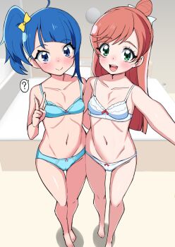 2girls ? ahoge aqua_bra aqua_panties armpits asortofcolorfag bathtub blue_hair blush bra cameltoe closed_mouth colorized eyebrows_hidden_by_hair flat_chest green_eyes hair_ribbon hand_on_another's_back highres long_hair looking_at_viewer medium_hair miyagoe_yoshitsuki multiple_girls navel nijigaoka_mashiro open_mouth orange_hair panties precure ribbon selfie shadow side_ponytail smile sora_harewataru spoken_question_mark stomach thigh_gap underwear underwear_only v white_ribbon yellow_ribbon