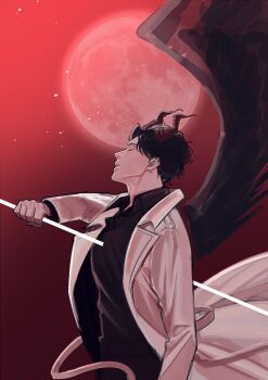 Rule 34 | 1boy, black hair, black shirt, black wings, clenched hand, closed eyes, coat, collared shirt, demon horns, feathered wings, highres, horns, imgeun, impaled, kim dokja, male focus, moon, official alternate costume, omniscient reader's viewpoint, open clothes, open coat, red moon, shirt, short hair, solo, suicide, upper body, white coat, wind, wind lift, wings