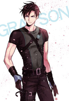 1boy black_hair character_name cowboy_shot dick_grayson gloves looking_to_the_side male_focus pouch purple_eyes short_hair short_sleeves solo stariver00 superhero_costume tactical_clothes tagme thigh_strap white_background