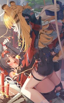 2girls absurdres animal_ear_fluff animal_ears ass blonde_hair blue_eyes boots brown_hair cat_ears cat_girl commentary dark_skin detached_sleeves elbow_gloves facial_mark forehead_mark forehead_tattoo gloves highres huge_filesize indoors ju_fufu legs_up loli long_hair looking_at_another maeru mechanical_legs mechanical_tail multiple_girls nekomiya_mana red_eyes red_sleeves short_shorts shorts striped_hair symbol-only_commentary tail tail_ornament tattoo thigh_strap thighhighs thighs tiger_ears tiger_girl tiger_tail triangle triangle_facial_mark zenless_zone_zero