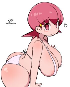 Rule 34 | 1girl, :3, ass, bikini, blush, breasts, cleavage, collarbone, hair ornament, hairclip, heart, huge breasts, leaning forward, looking at viewer, low twintails, miyazero, nintendo, pink eyes, pink hair, pokemon, pokemon gsc, short hair, sideboob, smile, standing, swimsuit, thick thighs, thighs, twintails, white background, white bikini, whitney (pokemon), wide hips