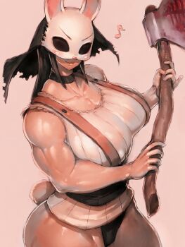 1girl axe breasts choker dead_by_daylight eighth_note fumio_(rsqkr) highres holding holding_axe holding_weapon huge_breasts lace lace-trimmed_shirt lace_trim looking_at_viewer mask muscular muscular_female musical_note rabbit_mask rabbit_tail shirt simple_background sleeveless smile solo suspenders tail the_huntress_(dead_by_daylight) weapon