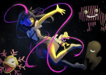 1girl black_hair blue_skin blunt_bangs blunt_ends colored_skin ena_(ena) ena_(series) ena_(species) ena_(web_series) floating_head happy_ena highres long_hair low_poly mask_(ena) multicolored_skin nacho_(ena) open_mouth shirt short_sleeves skirt smile split-color_skin suspenders two-tone_skin usagimarumei yellow_skin