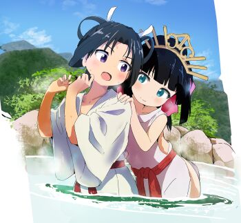 Rule 34 | 1boy, 1girl, absurdres, bath, bathing, black hair, blunt bangs, blush, commentary request, green eyes, hair ribbon, highres, houjou tokiyuki (nige jouzu no wakagimi), japanese clothes, long hair, long sleeves, miko, mixed-sex bathing, murairamuraiari, nige jouzu no wakagimi, onsen, open mouth, outdoors, parted bangs, purple eyes, ribbon, rock, sash, shared bathing, shizuku (nige jouzu no wakagimi), smile, steam, very long hair, water, wide sleeves