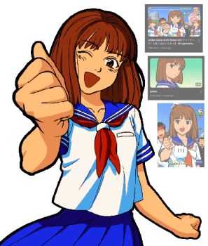 1girl ;d black_outline blue_sailor_collar blue_skirt breast_pocket brown_eyes brown_hair chronocrump clenched_hand collarbone data_east game_screenshot_inset head_tilt highres janken_game_acchi_muite_hoi! looking_at_viewer medium_hair neckerchief one_eye_closed open_mouth outline outstretched_arm pixel_art pleated_skirt pocket red_neckerchief reference_inset rock_paper_scissors sailor_collar school_uniform screenshot_inset serafuku shirt short_sleeves simple_background skirt smile solo thick_outlines tomomi_(janken_game_acchi_muite_hoi!) white_background white_shirt