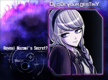 1girl braid buttons english_text eyelashes headband jacket kirifuji_nozomi light_smile mole mole_under_eye necktie purple_eyes purple_flames purple_jacket shirt small_nose staticomics the_hundred_line_-last_defense_academy- undying_flames user_interface white_hair white_shirt