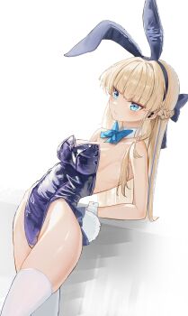 1542_700 1girl absurdres animal_ears arched_back arm_support blonde_hair blue_archive blue_bow blue_bowtie blue_eyes blue_leotard blue_streaks blunt_bangs blush bow bowtie braid breasts chinese_commentary commentary detached_collar dutch_angle earpiece expressionless fake_animal_ears fake_tail feet_out_of_frame hair_intakes highleg highleg_leotard highres leaning_back leotard long_hair looking_at_viewer medium_breasts missing_halo multicolored_hair official_alternate_costume official_alternate_hairstyle playboy_bunny rabbit_ears rabbit_tail simple_background solo standing straight_hair strapless strapless_leotard streaked_hair tail thighhighs toki_(blue_archive) toki_(bunny)_(blue_archive) tsurime white_background white_thighhighs white_wrist_cuffs wrist_cuffs