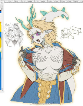 ! !! 1boy 1girl 617zhangmengm blonde_hair blue_skirt braid breasts cape claws colored_eyelashes colored_sclera colored_skin cowboy_shot crown_braid dragon_girl dragon_horns dragon_tail dungeon_meshi falin_touden falin_touden_(chimera) hands_up horns link looking_at_viewer medium_breasts meme monster_girl neta nintendo open_mouth partially_colored pointy_ears princess_zelda red_sclera reference_inset shirt short_hair sketch skirt slit_pupils surprised tail tearing_clothes tears the_legend_of_zelda torn_clothes torn_shirt white_background