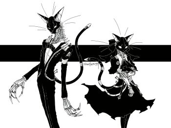 1boy 1girl animal_ears animal_head ascot bow bowtie cat_boy cat_ears cat_girl cat_tail collared_shirt dress formal_clothes furry furry_female furry_male greyscale highres holding_own_arm humanoid_robot jacket legs_together long_sleeves monochrome original pants robot screw shirt shoutarou_(shoutarotttt) tail tail_raised traditional_bowtie whiskers white_background