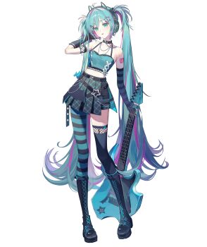 1girl absurdres alternate_costume aqua_eyes aqua_hair arm_tattoo belt black_belt black_boots black_choker blue_tank_top boots chain chain_necklace choker commentary fingerless_gloves full_body gloves guitar hair_between_eyes hair_ornament hairclip hand_up headphones highres holding holding_guitar holding_instrument instrument jewelry knee_boots long_hair looking_at_viewer multicolored_hair necklace nun_nu open_mouth pantyhose pigeon-toed pleated_skirt simple_background single_leg_pantyhose single_thighhigh skirt solo standing star_(symbol) star_hair_ornament streaked_hair striped_clothes striped_gloves striped_pantyhose symbol-only_commentary tank_top tattoo thighhighs twintails very_long_hair vocaloid white_background