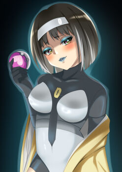 1girl black_hair blue_eyeshadow blue_lips breasts closed_mouth corruption dark_persona erika_(pokemon) eyeshadow hairband holding japanese_clothes kimono kimono_partially_removed lipstick lipstick_mark logo long_sleeves looking_at_viewer makeup multicolored_hair nanami_mano nintendo poke_ball pokemon pokemon_dppt pokemon_frlg short_hair smile streaked_hair team_galactic team_galactic_uniform yellow_kimono