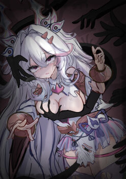 1girl absurdres baki_(duel_masters) bangle bracelet breasts commentary_request defeat duel_masters empty_eyes grabbing_another's_breast gradient_clothes groping hair_between_eyes hair_ornament highres horns japanese_clothes jewelry kimono multicolored_hair pink_hair purple_eyes royo21294110 surrounded_by_hands sweatdrop tears thigh_strap thighhighs torn_clothes torn_kimono torn_thighhighs white_hair white_kimono