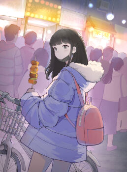 Rule 34 | 1girl, 3girls, 4boys, absurdres, backpack, bag, bicycle, black hair, black mask, black pantyhose, blue jacket, blunt bangs, closed mouth, cropped legs, down jacket, food, fur-trimmed hood, fur trim, heart, heart in eye, highres, holding, holding skewer, hood, hood down, hooded jacket, jacket, long hair, long sleeves, mask, mouth mask, multiple boys, multiple girls, night, original, outdoors, pantyhose, red bag, skewer, solo focus, symbol in eye, taiwan, yang0926
