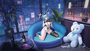 1girl absurdres animal_ears artist_request azur_lane bandaged_head bandaged_leg bandages black_gloves black_shoes black_thighhighs blue_eyes blue_hair blush breasts closed_mouth covered_navel fake_animal_ears full_body gloves hair_over_one_eye high_heels highres kuybyshev_(azur_lane) kuybyshev_(rainy_day_blues)_(azur_lane) large_breasts leotard logo looking_at_viewer non-web_source official_alternate_costume official_art playboy_bunny pout rabbit_ears red_eyes shaded_face shoes short_hair single_thighhigh sitting solo thighhighs wariza white_leotard