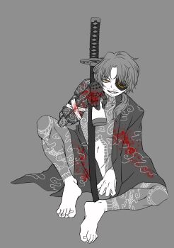 Rule 34 | 1boy, absurdres, alcohol, alternate costume, ameyu2810, amputee, bandaged arm, bandages, barefoot, beard stubble, blood, blood on arm, blood on clothes, blood on hand, bottle, cloud print, coat, coat on shoulders, coat only, collarbone, convenient censoring, evil grin, evil smile, eyepatch, facial hair, fangs, feet, flat color, full-body tattoo, full body, gregor (project moon), grey background, greyscale, grin, hair over shoulder, highres, holding, holding bottle, joints, katana, knee up, kurokumo clan (identity) (project moon), limbus company, long hair, looking at viewer, low ponytail, male focus, mechanical arms, monochrome, naked coat, navel, nude, one-eyed, parted bangs, partially colored, photoshop (medium), ponytail, project moon, prosthesis, prosthetic arm, sake, sake bottle, scabbard, sheath, sheathed, simple background, single mechanical arm, sitting, smile, smirk, solo, spot color, spread legs, stubble, sword, tattoo, teeth, toenails, toes, tongue, unmoving pattern, upper teeth only, weapon, yellow eyes