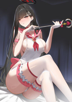 1girl absurdres alternate_costume black_hair blue_archive blush breasts crossed_legs frilled_thigh_strap gloves halo highres holding holding_staff kakumayu large_breasts leotard long_hair looking_at_viewer neckerchief parted_lips pink_sailor_collar red_eyes red_halo red_neckerchief rio_(blue_archive) sailor_collar sideboob solo staff thigh_strap thighhighs white_gloves white_leotard white_thighhighs
