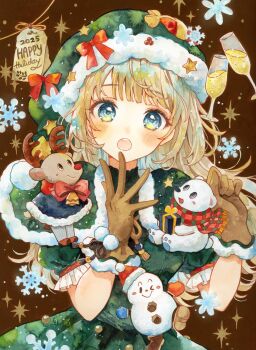 1girl 2025 :o blonde_hair blue_eyes blush box brown_background brown_gloves capelet commentary cup dress drinking_glass fur-trimmed_capelet fur-trimmed_gloves fur_trim gift gift_box gloves green_capelet green_dress green_hat hands_up happy_holidays hat hat_ornament highres long_hair looking_at_viewer open_mouth original pink_ribbon ribbon snowman solo star_(symbol) star_hat_ornament upper_body wine_glass wispy_bangs yuyuharu_1027