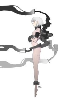 1girl android ankle_cuffs bandaid bandaid_on_face bandaid_on_nose bodysuit breasts closed_mouth cuffs ear_piercing from_side full_body grey_hair highres liren44 looking_ahead machine mechabare metal original piercing profile science_fiction short_hair simple_background skin_tight small_breasts solo twitter_username white_background white_eyes