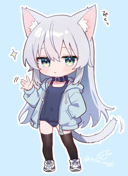 Rule 34 | 1girl, animal ear fluff, animal ears, black thighhighs, blue background, blue collar, blue hoodie, blue one-piece swimsuit, blush, cat ears, cat girl, cat tail, chibi, chibi only, closed mouth, collar, commentary request, covered navel, drawstring, full body, green eyes, grey hair, hair between eyes, hand in pocket, hand up, highres, hood, hood down, hoodie, long hair, long sleeves, one-piece swimsuit, open clothes, open hoodie, original, outline, school swimsuit, sese nagi, shoes, simple background, sneakers, solo, sparkle, standing, swimsuit, swimsuit under clothes, tail, thighhighs, twitter username, white outline, white shoes