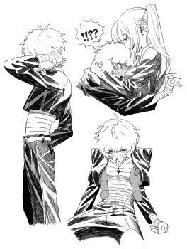 !? 1boy 1girl @_@ bandaged_chest bandaged_hand bandaged_torso bandages belt belt_buckle between_breasts blush braid breasts buckle chidouin_sara closed_eyes commentary_request cropped_jacket disembodied_hand embarrassed fluffy_hair full-face_blush gakuran groping head_between_breasts hetero highres hug jacket jewelry kageyama_ranmaru kimi_ga_shine light_frown long_hair looking_at_viewer monochrome multiple_views necklace nervous_sweating open_clothes open_jacket open_mouth pants ponytail rinrinririn187 school_uniform scratching_head short_hair shuriken shuriken_necklace sidelocks sketch spread_legs surprised sweat sweatdrop weapon