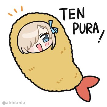 Rule 34 | 1girl, :d, absurdres, asuna (blue archive), blonde hair, blue archive, blue eyes, blue ribbon, blush, chibi, commentary, english text, food, food costume, hair over one eye, hair ribbon, highres, kitaru, looking at viewer, open mouth, ribbon, shrimp, shrimp costume, shrimp tempura, simple background, smile, solo, tempura, twitter username, untranslatable commentary, white background