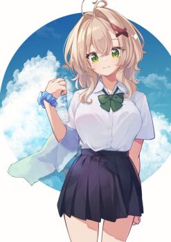 1girl antenna_hair black_skirt blue_scrunchie blue_sky bottle bow breasts brown_hair cloud collared_shirt commentary_request day dress_shirt green_bow hair_between_eyes hair_intakes hair_ornament hairclip hand_up holding holding_bottle large_breasts natsuki_teru nekomiya_ryuu original pleated_skirt school_uniform scrunchie shirt short_sleeves skirt sky solo towel towel_on_arm water_bottle white_shirt wrist_scrunchie