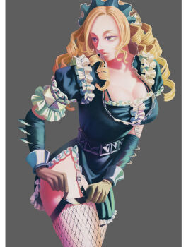 1girl armlet black_dress blonde_hair blue_eyes breasts cleavage dress drill_hair fishnet_thighhighs fishnets large_breasts long_hair maid maid_headdress overlord_(maruyama) rakugakingu ribbon-trimmed_dress ribbon_trim silver_armlet solo solution_epsilon thighhighs