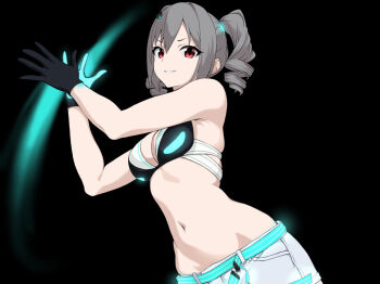 1girl aqua_belt bare_shoulders belt black_background black_gloves breasts brown_hair commentary_request drill_hair fascinate_kyrie gloves grin idolmaster idolmaster_cinderella_girls kanzaki_ranko looking_at_viewer medium_breasts medium_hair navel red_eyes smile solo stomach twin_drills upper_body