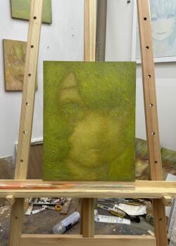 1girl 5girls art_tools_in_frame blue_theme color_coordination easel green_theme highres multiple_girls original painting_(medium) photo_(medium) portrait smile tadakodx tagme traditional_media